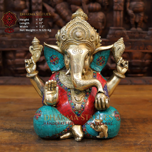 Brass Ganesh seated With Crown, Stone work 12”