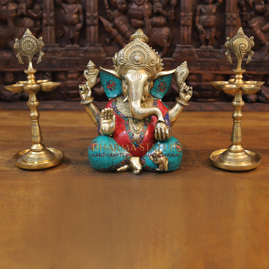 Brass Ganesh seated With Crown, Stone work 12”