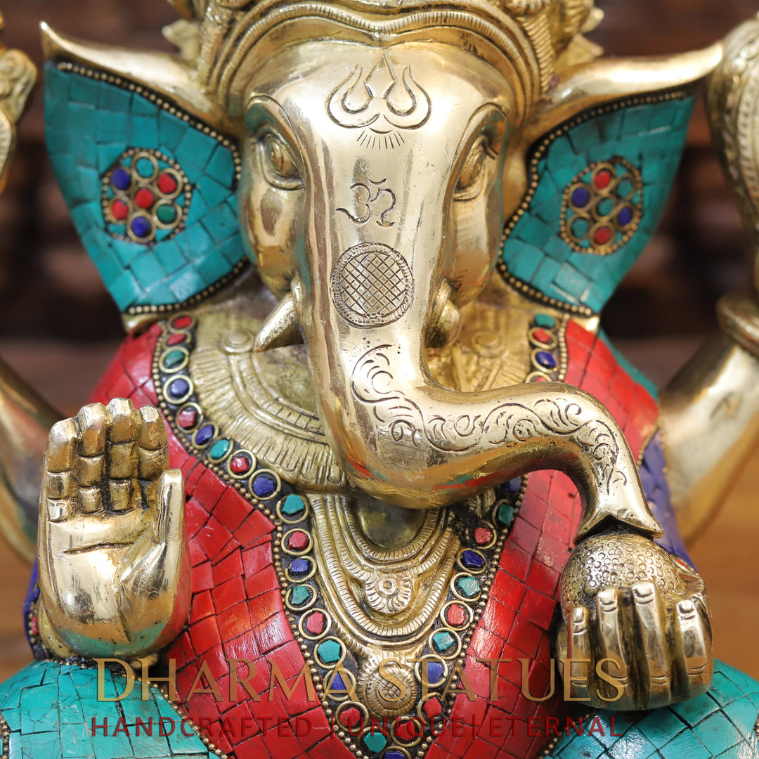 Brass Ganesh seated With Crown, Stone work 12”