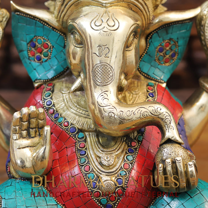 Brass Ganesh seated With Crown, Stone work 12”