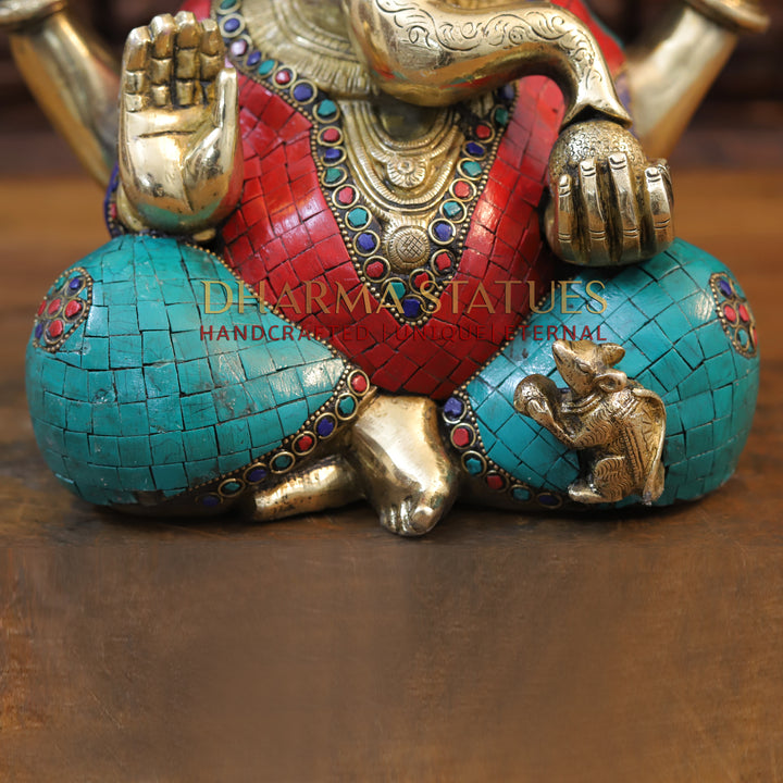 Brass Ganesh seated With Crown, Stone work 12”