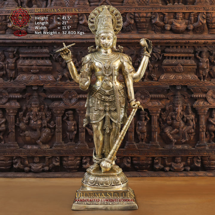 Brass Lord Vishnu Standing On square Pedestal, Smooth Finish 41.5"