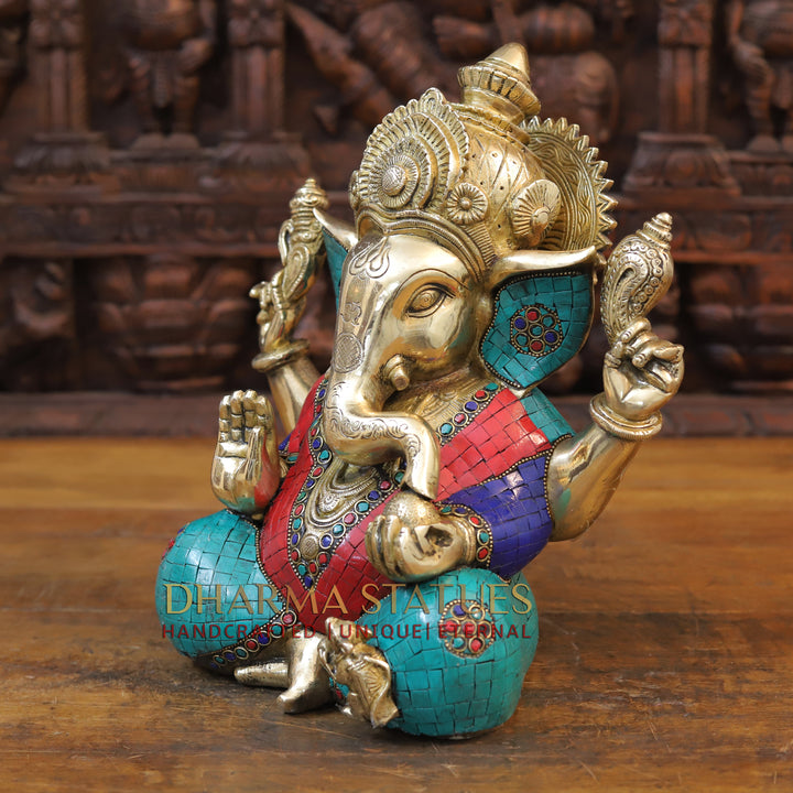 Brass Ganesh seated With Crown, Stone work 12”