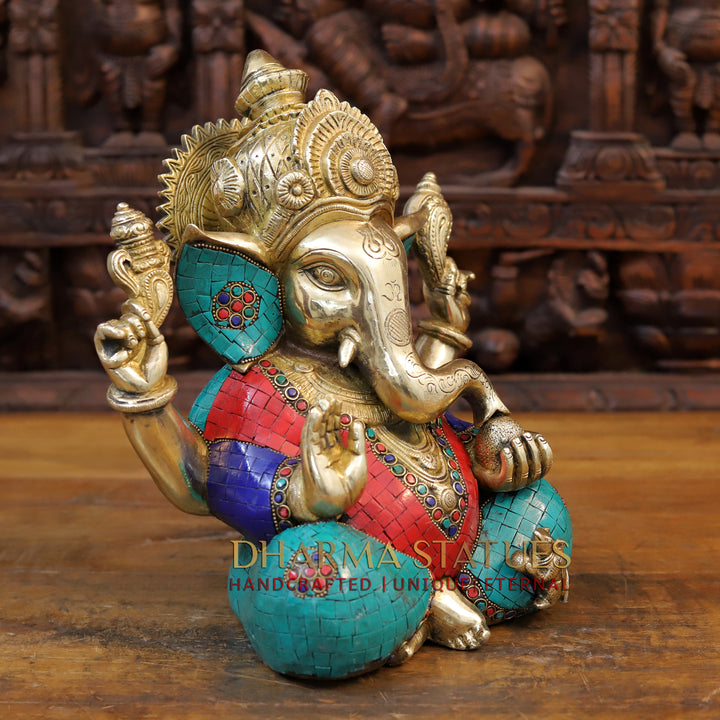 Brass Ganesh seated With Crown, Stone work 12”