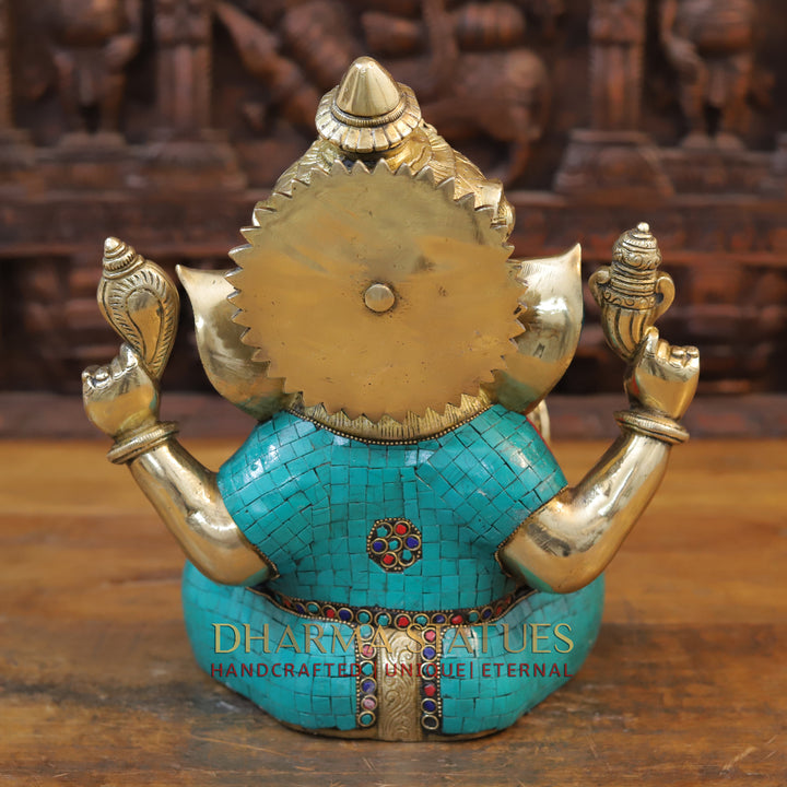 Brass Ganesh seated With Crown, Stone work 12”