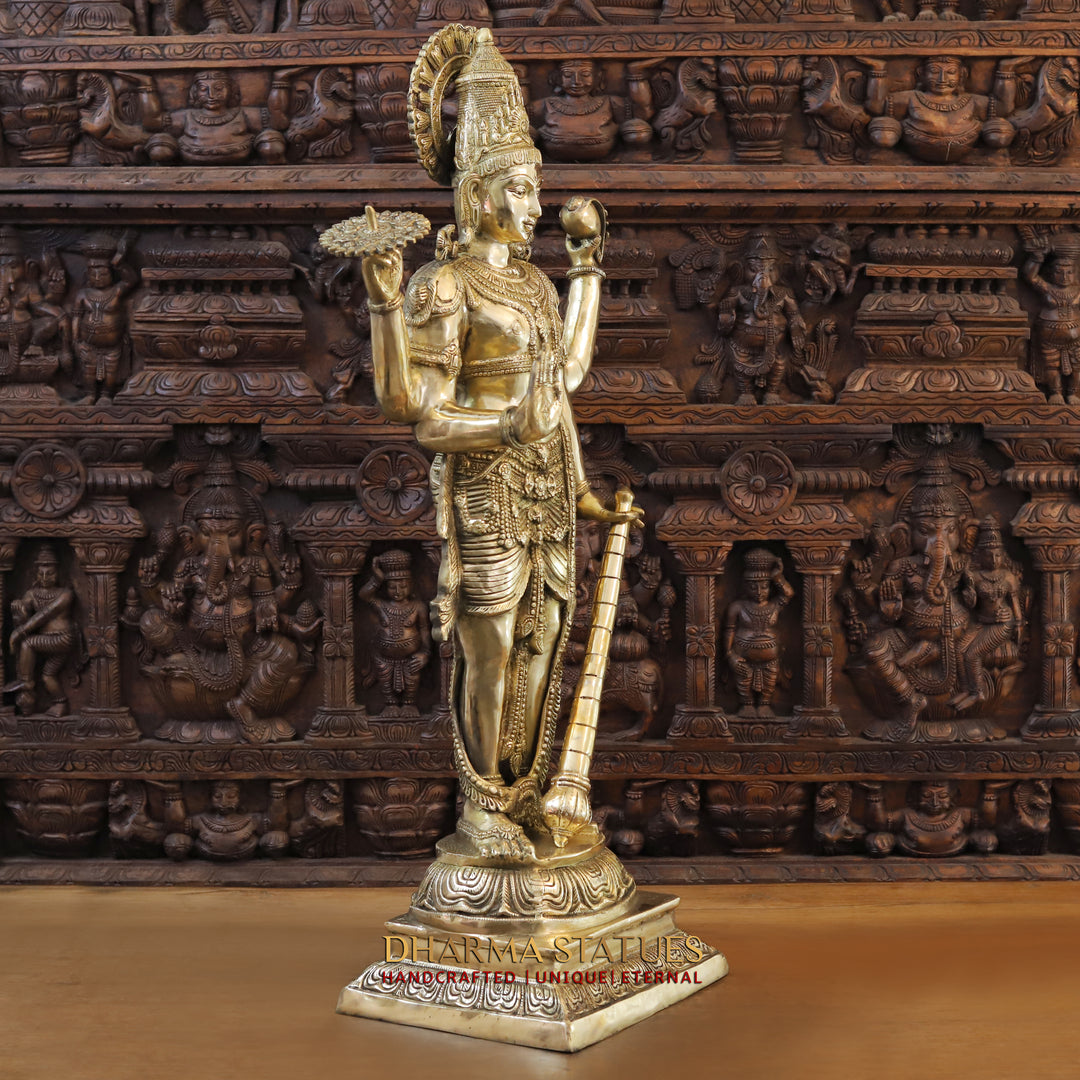 Brass Lord Vishnu Standing On square Pedestal, Smooth Finish 41.5"