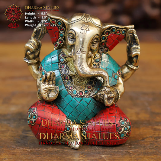Brass Ganesh seated with tilted neck, Stone work, 5.5”