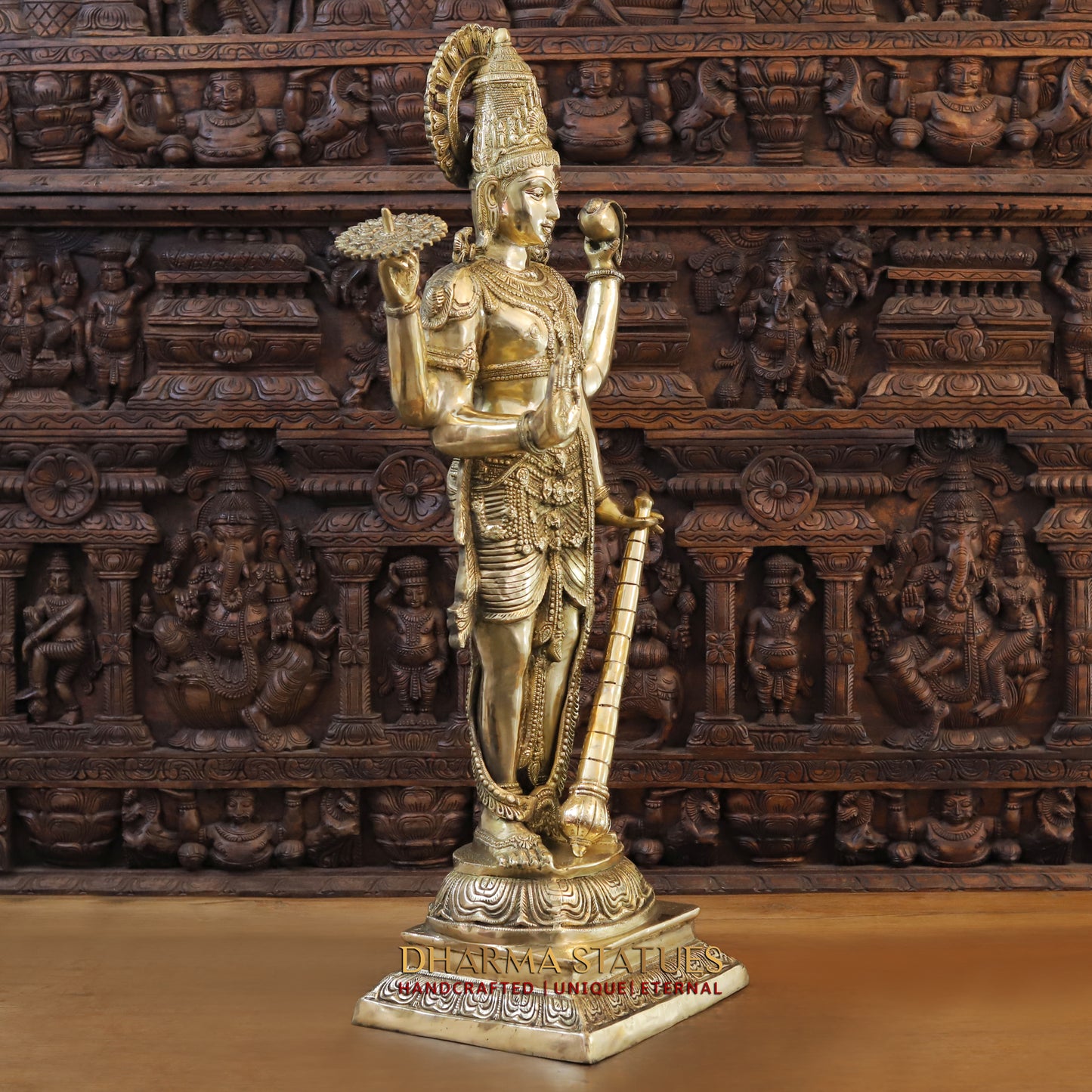 Brass Vishnu standing on Pedestrial, Golden Finish, 41.5"