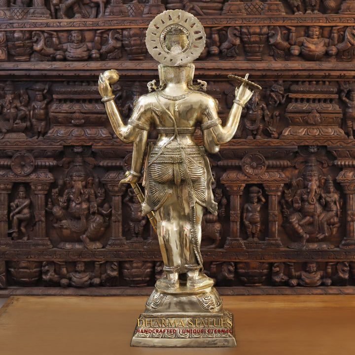 Brass Lord Vishnu Standing On square Pedestal, Smooth Finish 41.5"