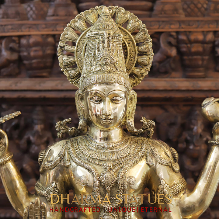 Brass Lord Vishnu Standing On square Pedestal, Smooth Finish 41.5"