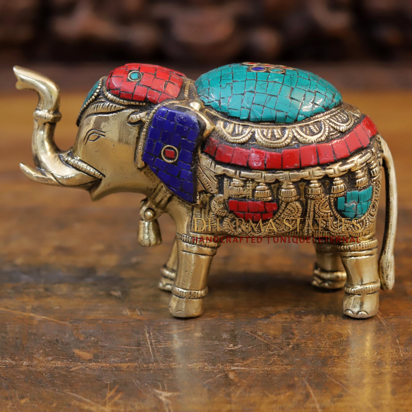 Brass Elephant, Stone Carved Golden Finish, 4.5"