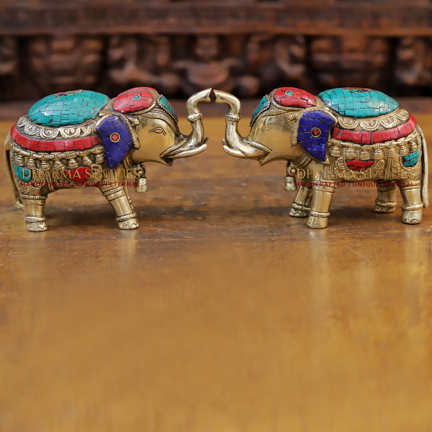Brass Elephant, Stone Carved Golden Finish, 4.5"