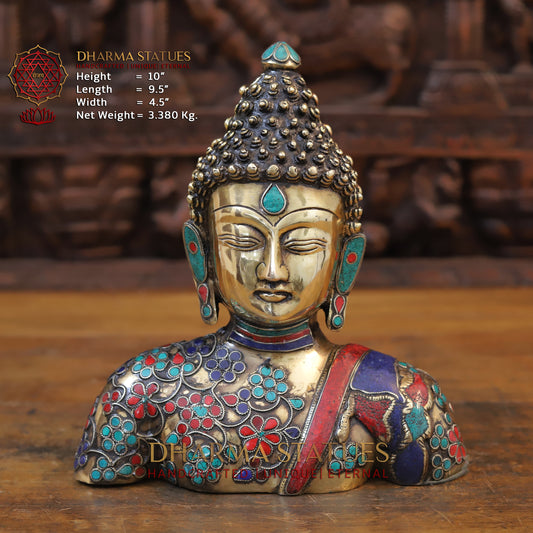 Brass Buddha Head Statue, Fine Golden and Stone work 10"
