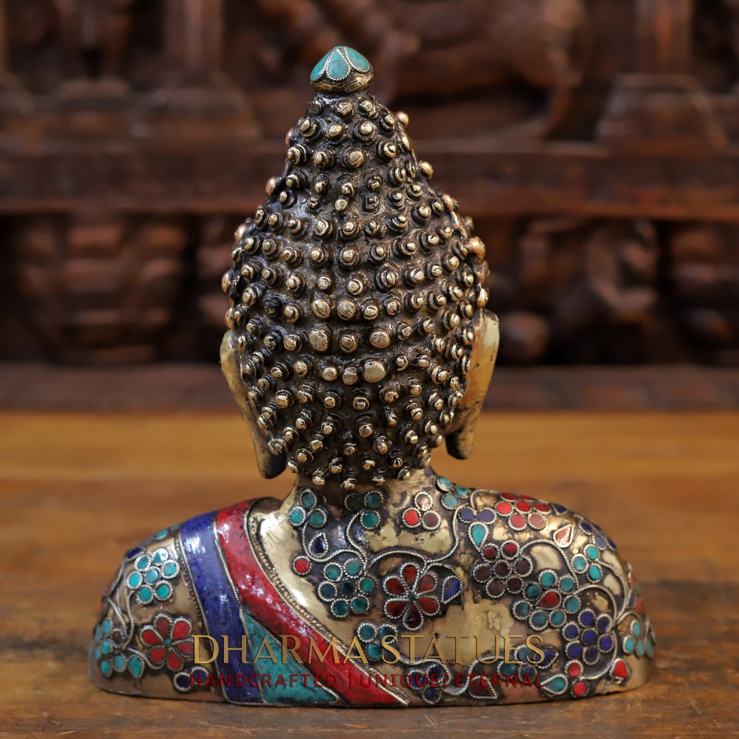 Brass Buddha Head Statue, Fine Golden and Stone work 10"