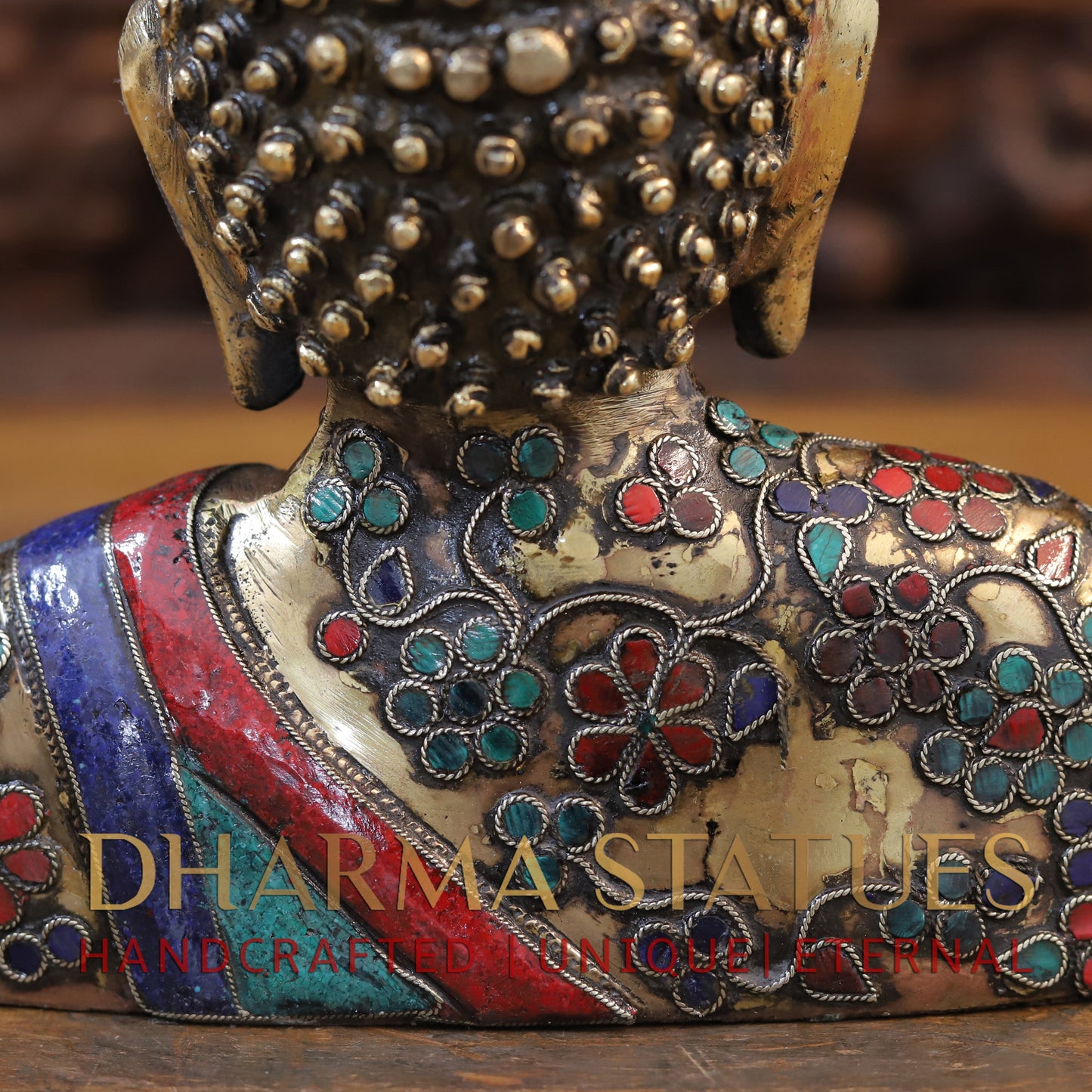 Brass Buddha Head Statue, Fine Golden and Stone work 10"