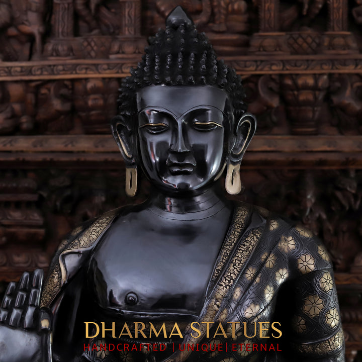 Brass Buddha Statue, Enlightened Serenity, Blessing Gesture, Black Patina Finish 46"