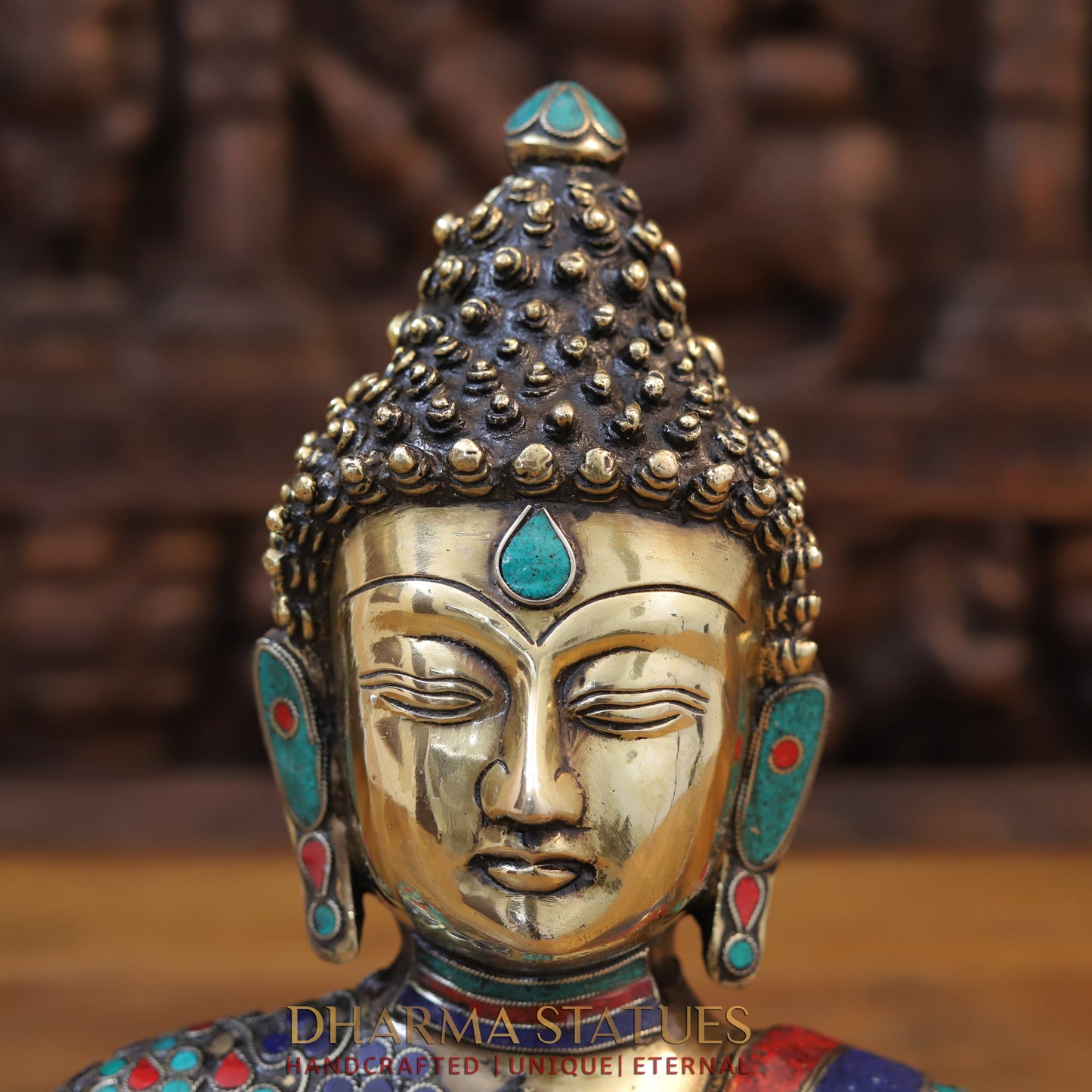Brass Buddha Head Statue, Fine Golden and Stone work 10"