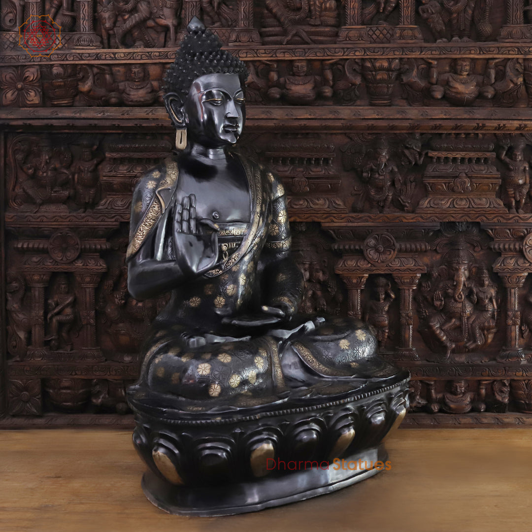 Brass Buddha Sitting With Floral Rob In Black Finish 46" Crafted with Perfection