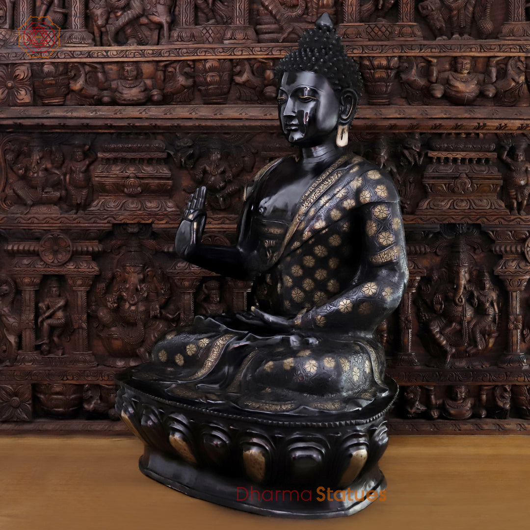 Brass Buddha Sitting With Floral Rob In Black Finish 46" Crafted with Perfection