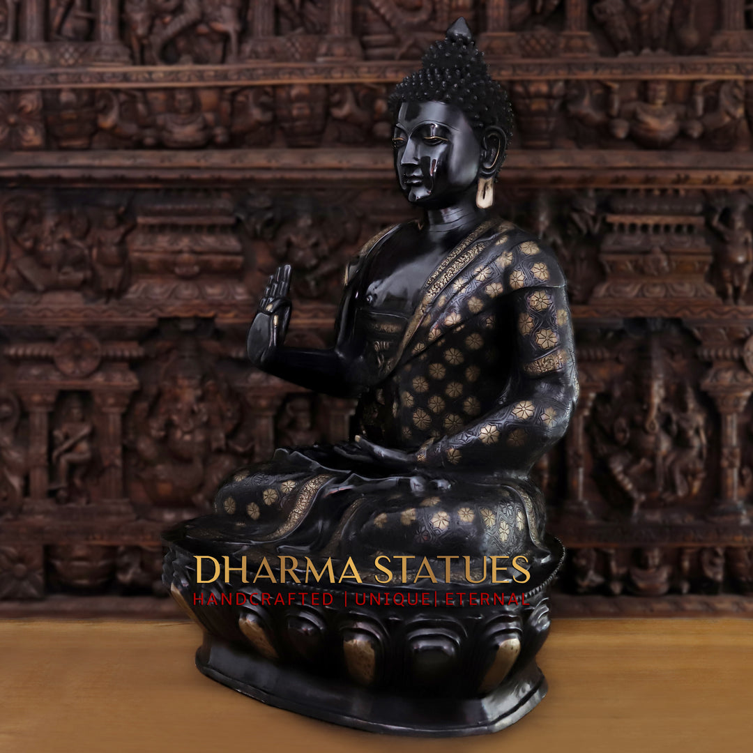 Brass Buddha Statue, Enlightened Serenity, Blessing Gesture, Black Patina Finish 46"