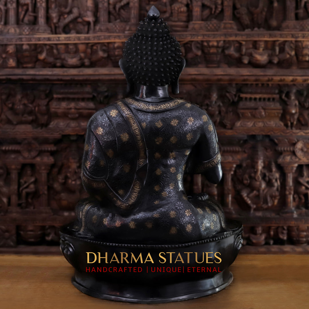 Brass Buddha Statue, Enlightened Serenity, Blessing Gesture, Black Patina Finish 46"