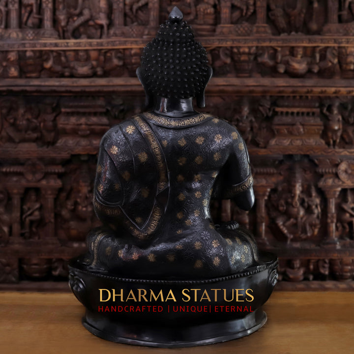 Brass Buddha Statue, Enlightened Serenity, Blessing Gesture, Black Patina Finish 46"