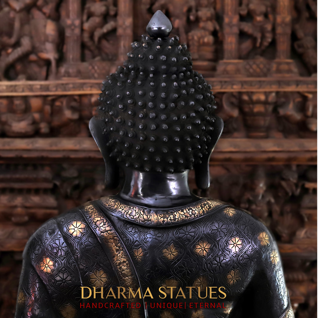 Brass Buddha Statue, Enlightened Serenity, Blessing Gesture, Black Patina Finish 46"