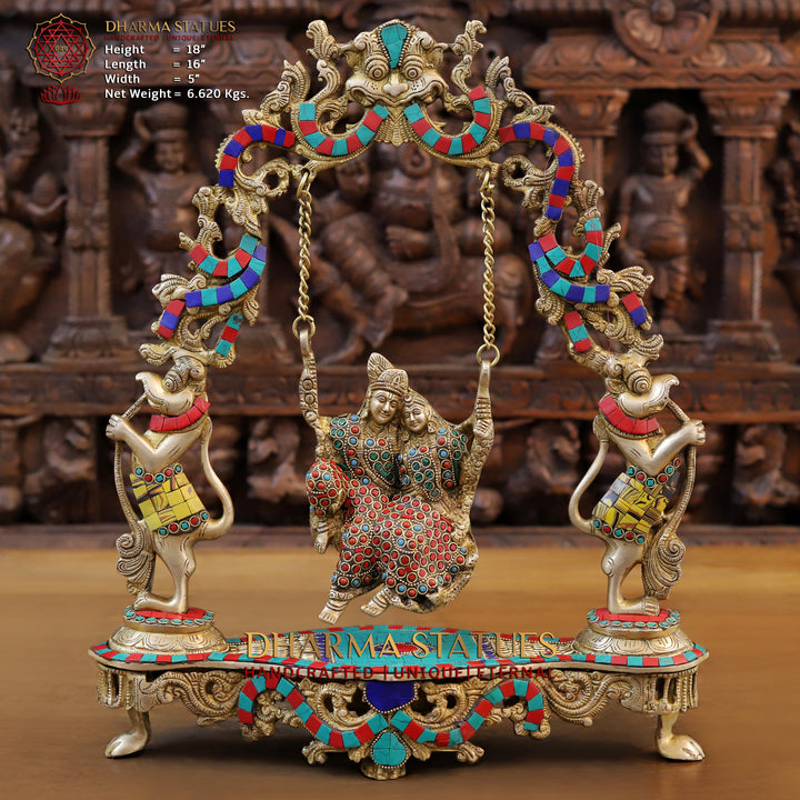 Brass Radha Krishna Idol, Swinging On a swing, Golden and Stone work 18"