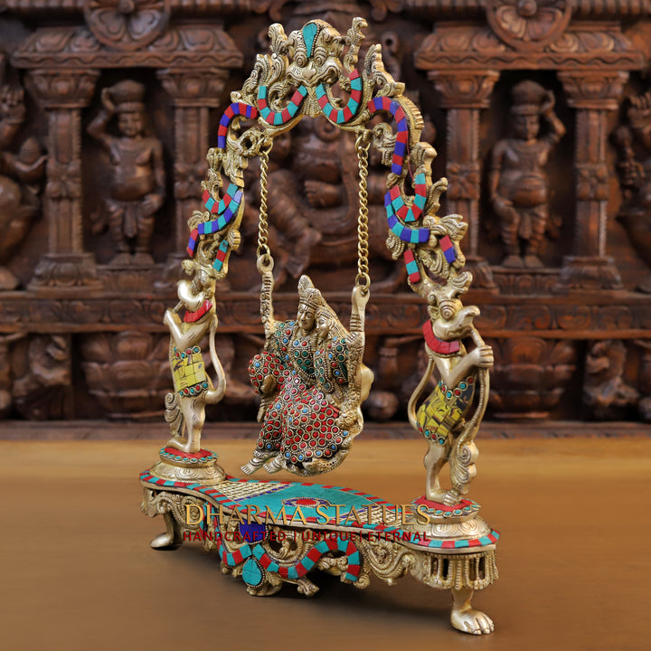 Brass Swinging Radha Krishna, Eternal Bliss, Golden and Stone work 18"