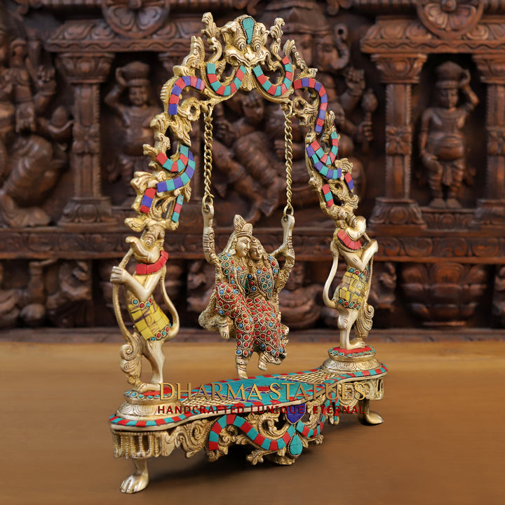 Brass Swinging Radha Krishna, Eternal Bliss, Golden and Stone work 18"