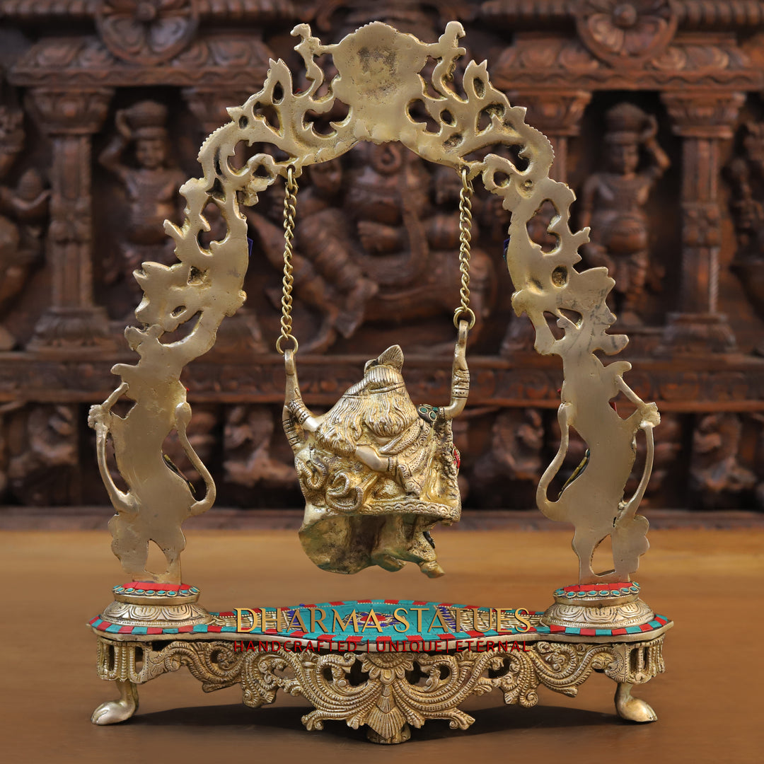 Brass Swinging Radha Krishna, Eternal Bliss, Golden and Stone work 18"