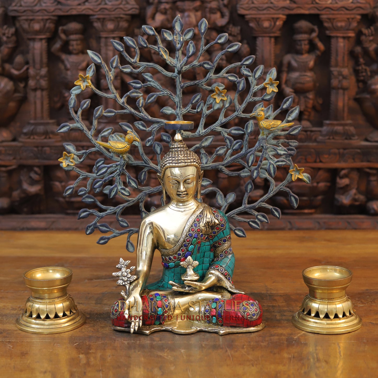 Brass Medicine Buddha Statue, Fine Golden and Stone work 10.5"