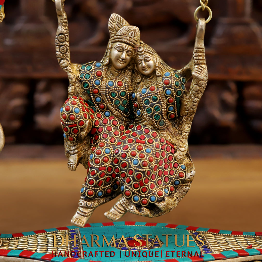 Brass Swinging Radha Krishna, Eternal Bliss, Golden and Stone work 18"