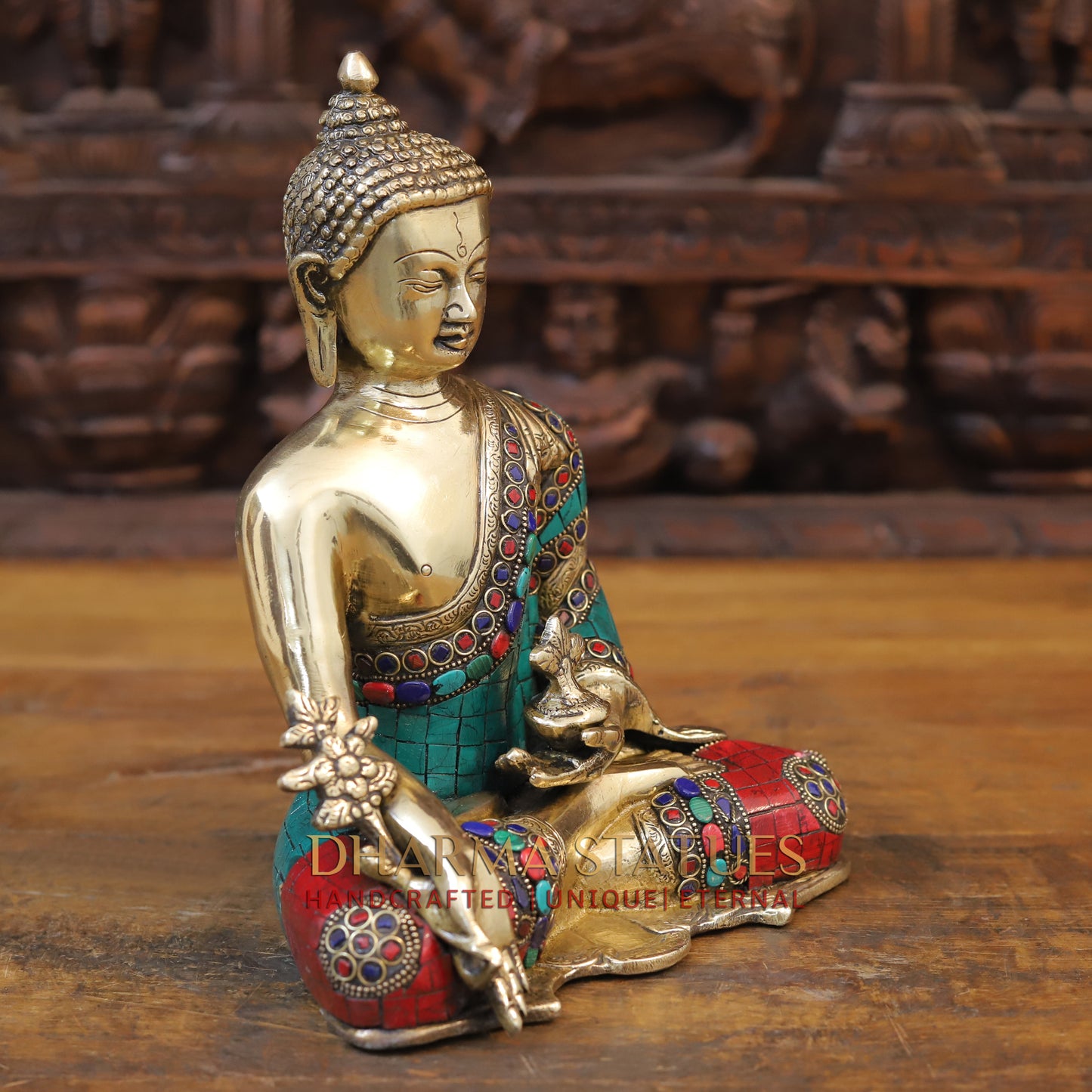 Brass Medicine Buddha Statue, Fine Golden and Stone work 10.5"