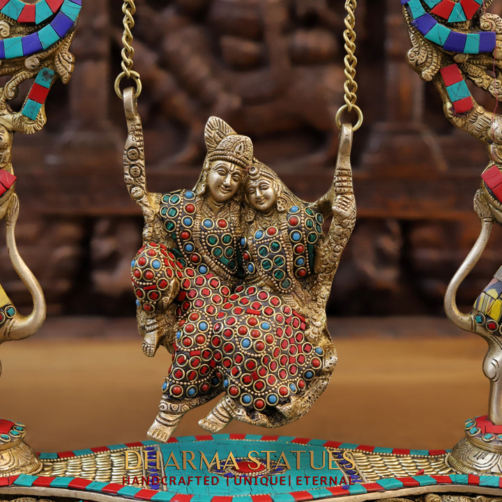 Brass Swinging Radha Krishna, Eternal Bliss, Golden and Stone work 18"