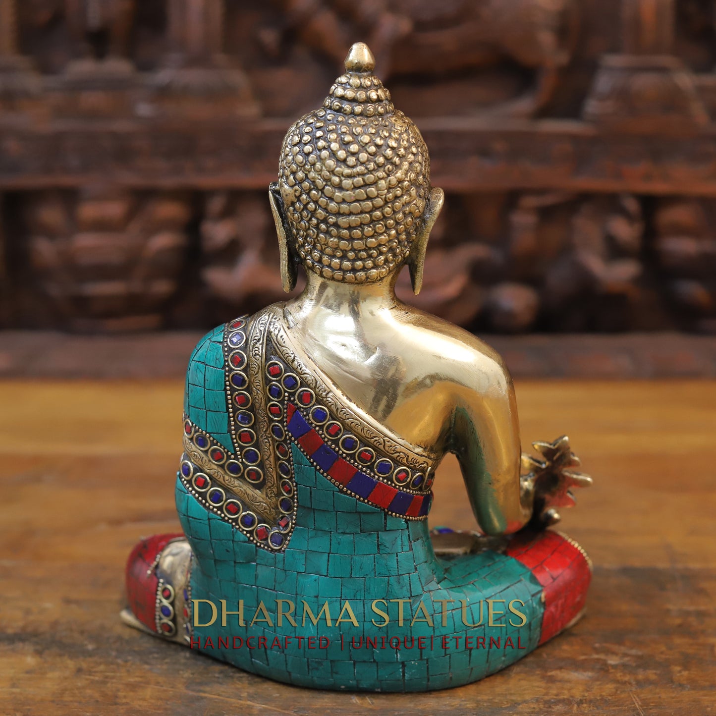 Brass Medicine Buddha Statue, Fine Golden and Stone work 10.5"