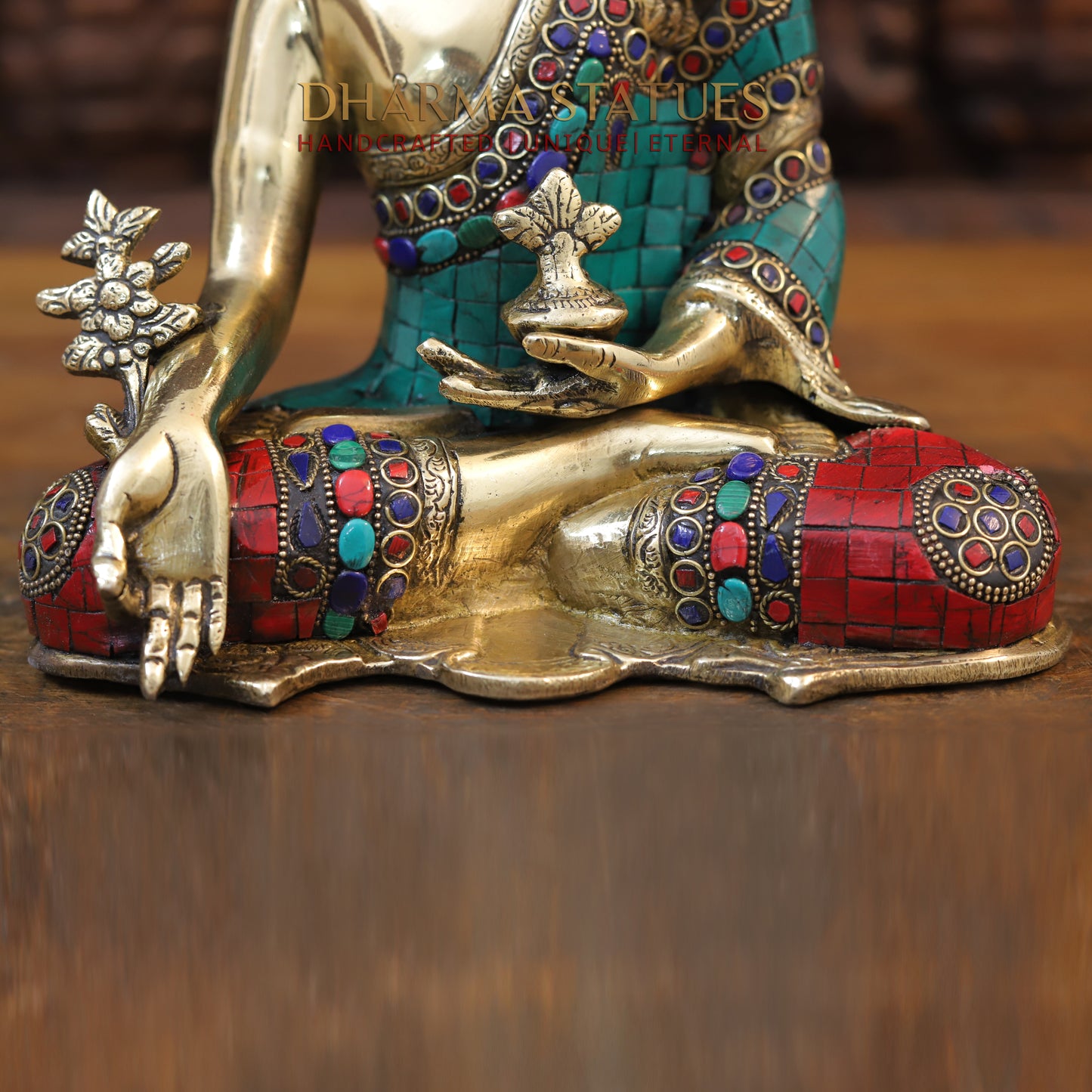 Brass Medicine Buddha Statue, Fine Golden and Stone work 10.5"