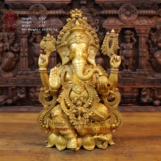 Brass Ganesh Idol, Seated on Lotus, Fine Golden Finish 21"