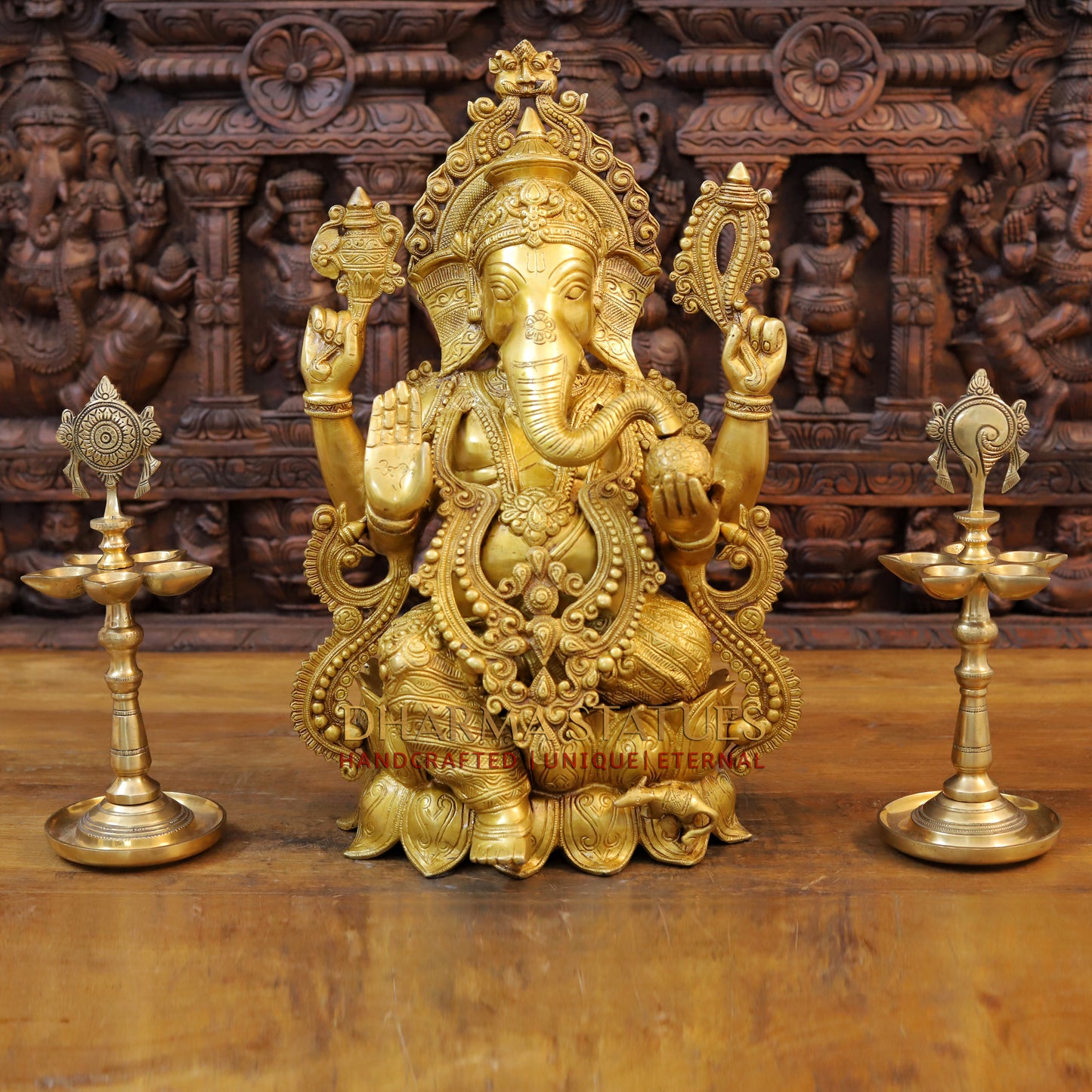 Brass Ganesh Idol, Seated on Lotus, Fine Golden Finish 21"