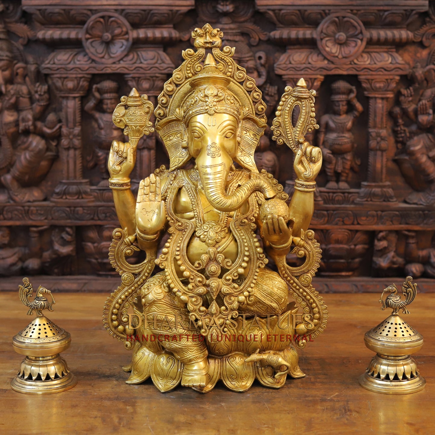 Brass Ganesh Idol, Seated on Lotus, Fine Golden Finish 21"