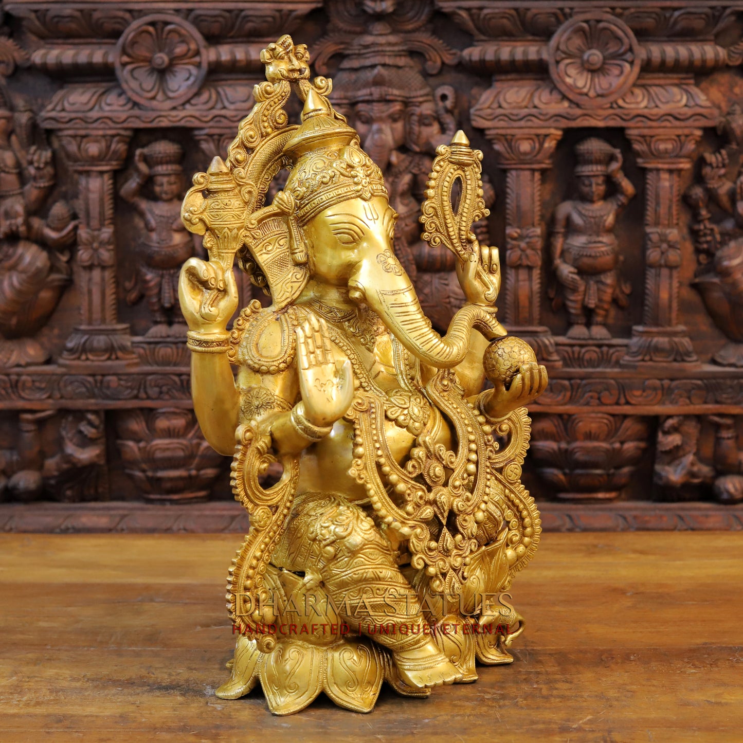 Brass Ganesh Idol, Seated on Lotus, Fine Golden Finish 21"