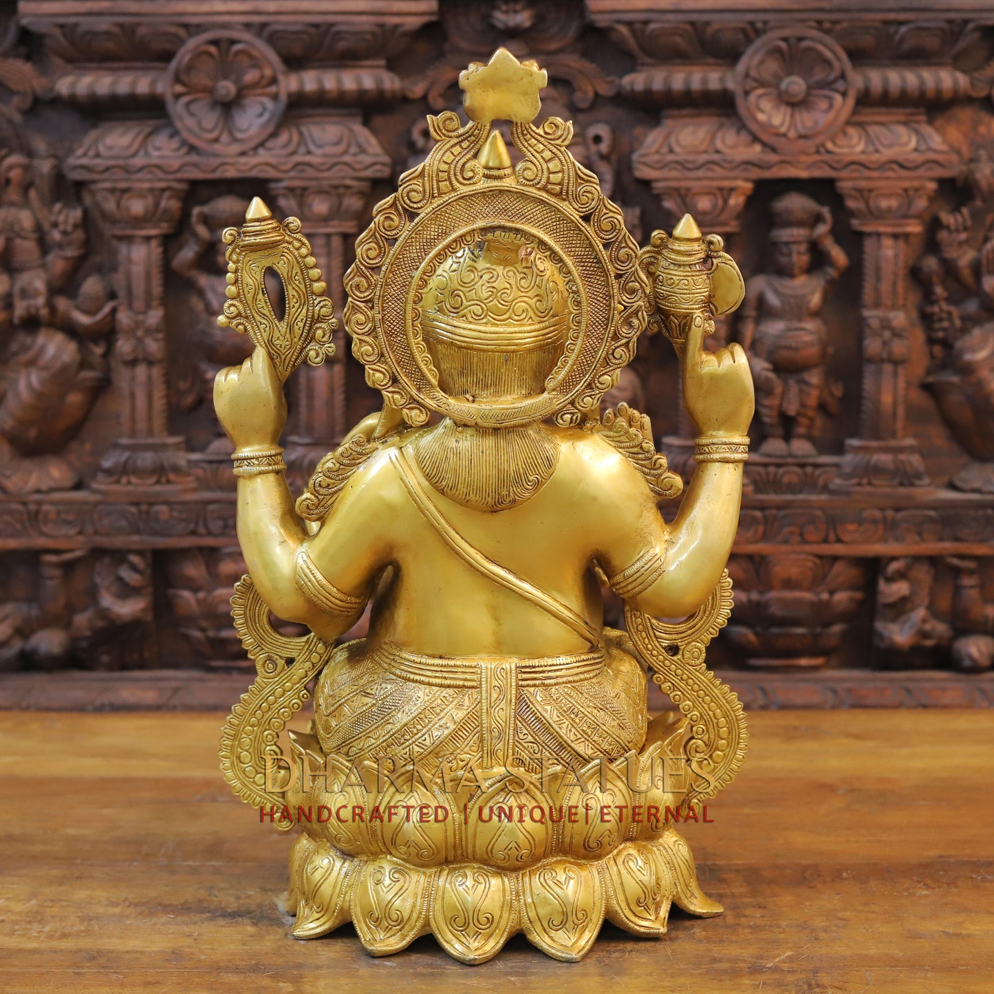 Brass Ganesh Idol, Seated on Lotus, Fine Golden Finish 21"
