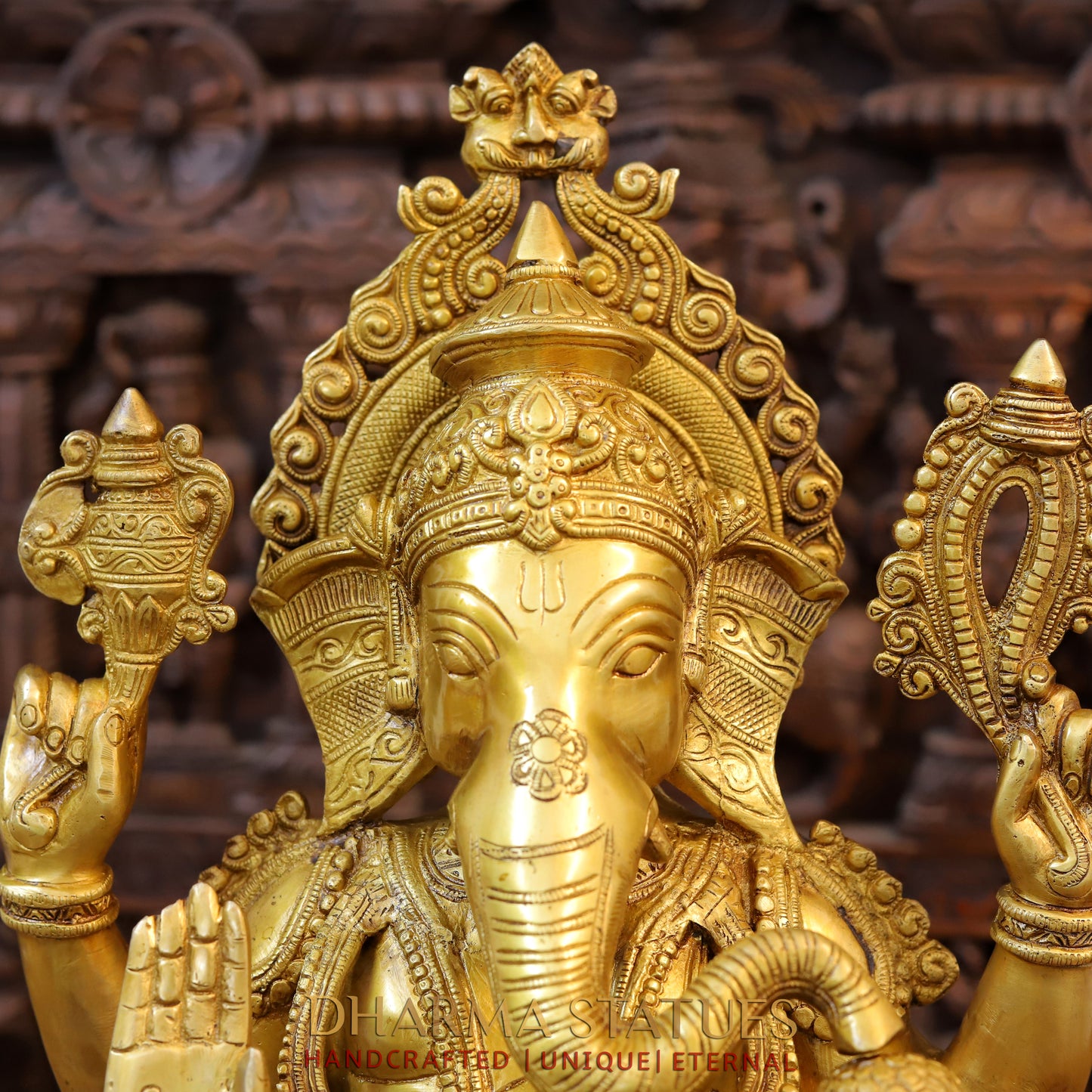 Brass Ganesh Idol, Seated on Lotus, Fine Golden Finish 21"