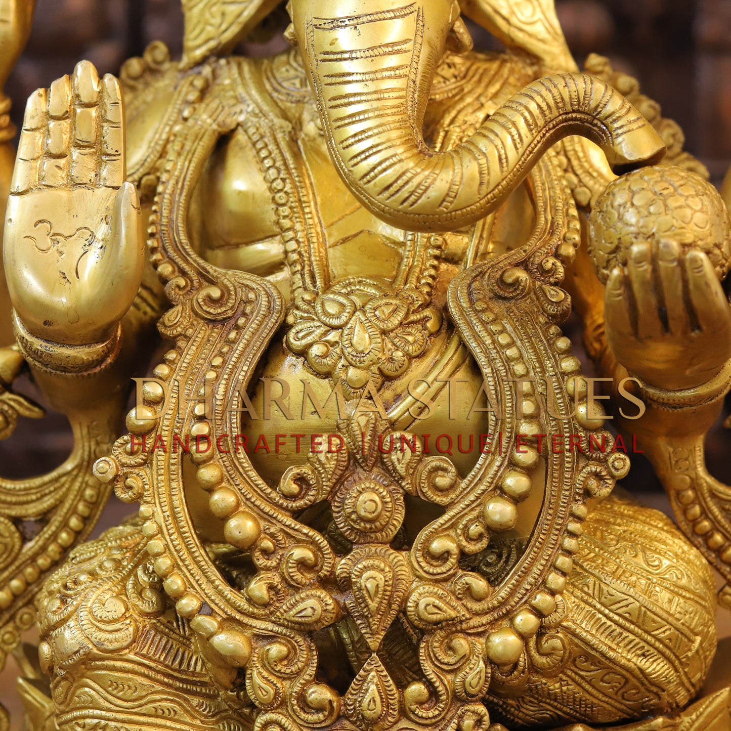 Brass Ganesh Idol, Seated on Lotus, Fine Golden Finish 21"
