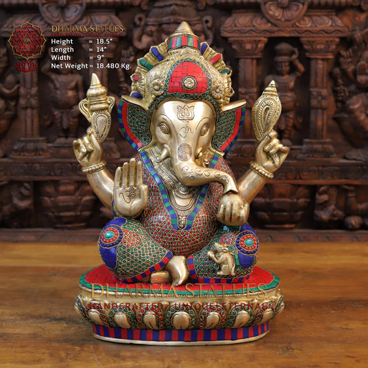 Brass Ganesh seated With crown, Golden & Stone work, 18.5” Front View