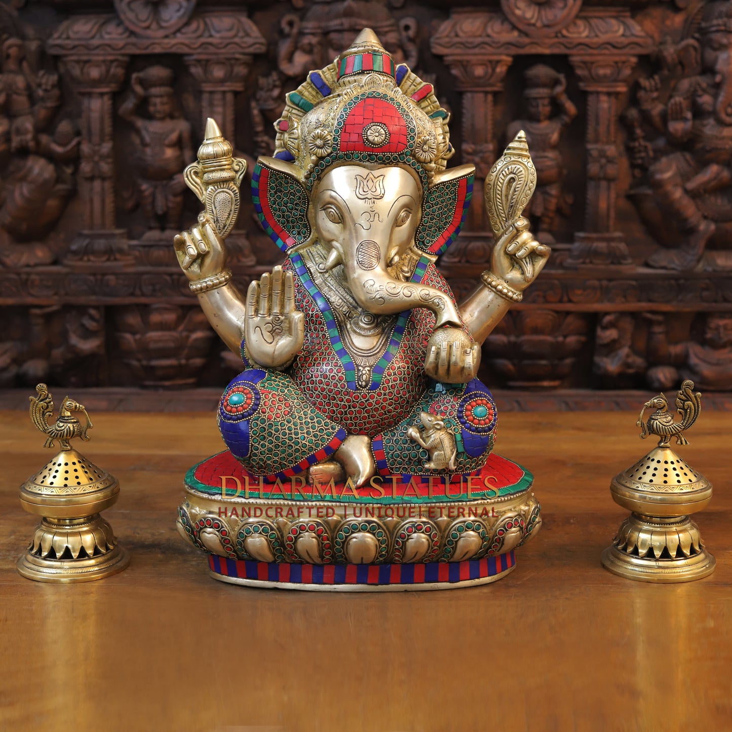 Brass Ganesh seated With crown, Golden & Stone work, 18.5”