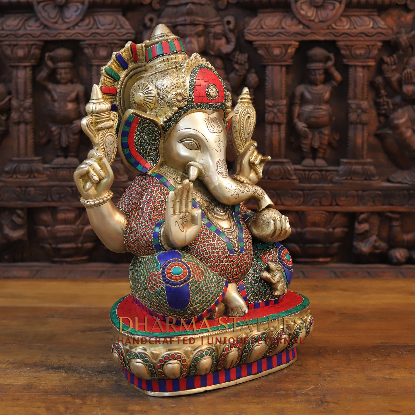 Brass Ganesh seated With crown, Golden & Stone work, 18.5”