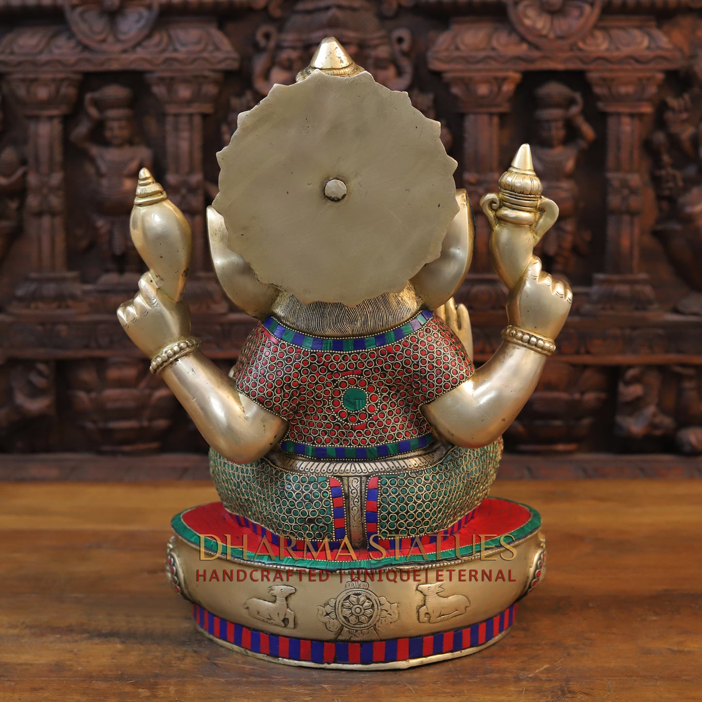 Brass Ganesh seated With crown, Golden & Stone work, 18.5”