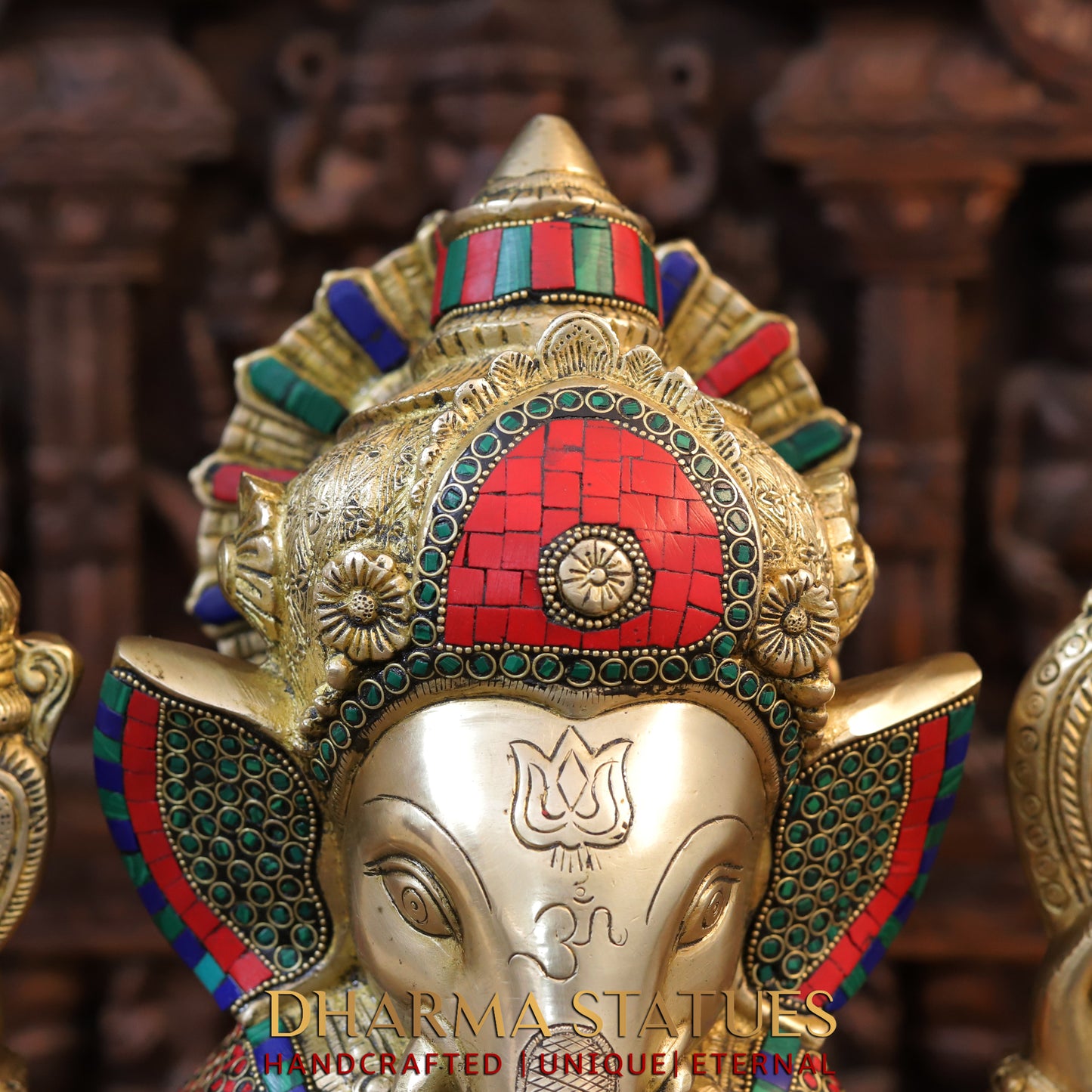 Brass Ganesh seated With crown, Golden & Stone work, 18.5”