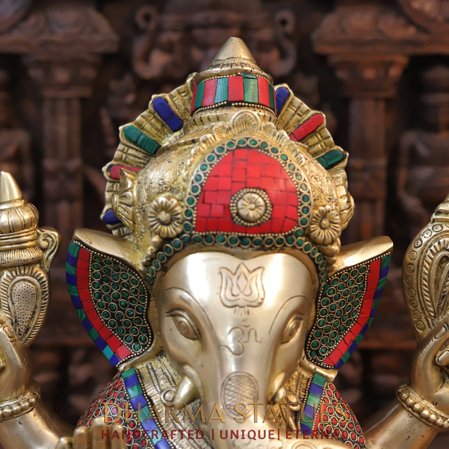 Brass Ganesh seated With crown, Golden & Stone work, 18.5”